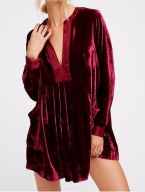 Free People Choose Me Dress M Burgundy Crushed Velvet Babydoll Mini Whimsigoth